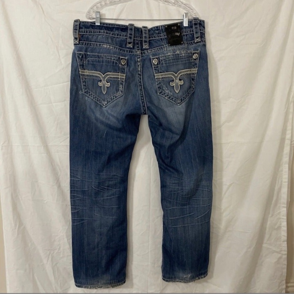 Rock Revival Mens Blue Denim Robert Straight Leg Jeans Size 38x30 Distressed